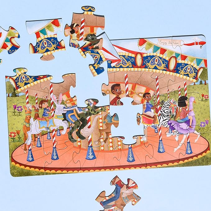 Joyful Carousel Animals Numbers and Colors - 24 Piece 2-Sided Beginnger Puzzle,Toddler Boy,Girl, Ages 3-5, Counting Activity with African American-Diverse Children at Play