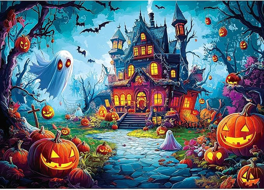 Halloween Jigsaw Puzzle 1000 Pieces for Adults - Haunted House Scene with Jack-o'-Lanterns, Ghosts & Bats - Spooky Night Sky Puzzle - Challenging 1000-Piece Jigsaw for Adults & Teens