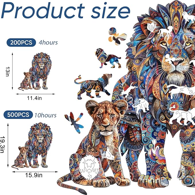 Ruikiyart Wooden Puzzles for Adults, 5MM 200 Pieces Lion Family Wooden Jigsaw Puzzles, Animal Unique Shaped Puzzle Gifts for Adults and Kids on Thanksgiving, Christmas (11.4'' x 13'')