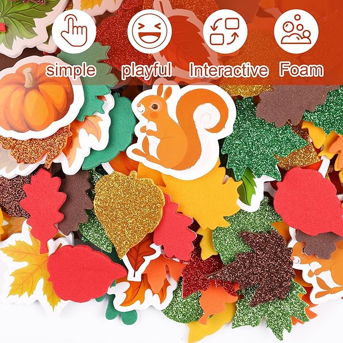 Fovths 24 Packs Fall Foam Picture Frame Kits Thanksgiving DIY Frame Crafts Fall Leaf Picture Craft Autumn Theme Picture Frames with 300 Leaf Stickers for Thanksgiving Party Favors Birthday