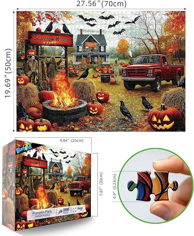 Halloween Scarecrow Haven 1000 Piece Jigsaw Puzzle for Adults Spooky Fall Farmhouse Scene with Jack-O-Lanterns, Ravens & Vintage Truck Challenging Puzzle Game (27.6"x19.7")