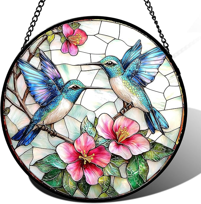 Stained Glass Window Hanging - Blue White Hummingbirds Pink Flowers Suncatcher for Door Terrace Garden Home Decor Bird Sun Catcher Birthday Gifts for Lovers Women Men Dad Mom Nana 11.8 in