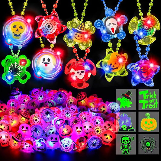 100 PCS Halloween Party Favors for Kids, Glow in The Dark Toys Bulk Halloween Light Up Rotating Necklaces LED Ring Temporary Tattoos Halloween Treats Classroom Prizes Goodie Bag Fillers Trick or Treat