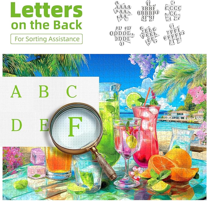 Tropical Beach Cocktails 500 Piece Puzzle for Adults Fun Colorful Summer Drinks Large Piece Puzzles for Seniors Letter on Back Home Decor Birthday Party Gift (27.5"x19.6")
