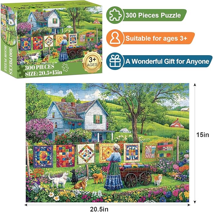 300 Piece Puzzles for Adults,Farm Grandma Jigsaw Puzzle for Adults Children Seniors,Large Piece Garden Puzzle for Kids Age 8-10 10-12,Vintage Country Quilts Puzzle,Family Game Great Gift 20.5x15in