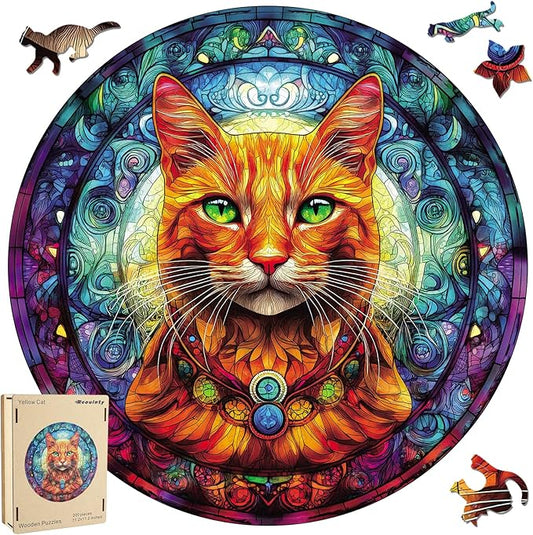 Wooden Puzzles for Adults, Yellow Cat Jigsaw Puzzles 200 Pieces, Unique Shaped Animal Wood Adult Puzzle, Best Gifts for Adults Family Games (11.2 * 11.2 inches)