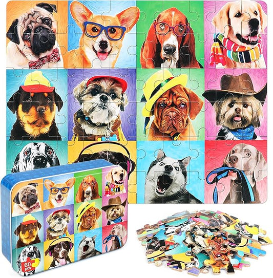 LELEMON Puzzles for Kids Ages 4-6,Dog 60 Piece Puzzles for Kids Ages 4-8,Children Jigsaw Puzzles Kids Puzzles in a Metal Box,Educational Learning Puzzle Toys for Girls and Boys