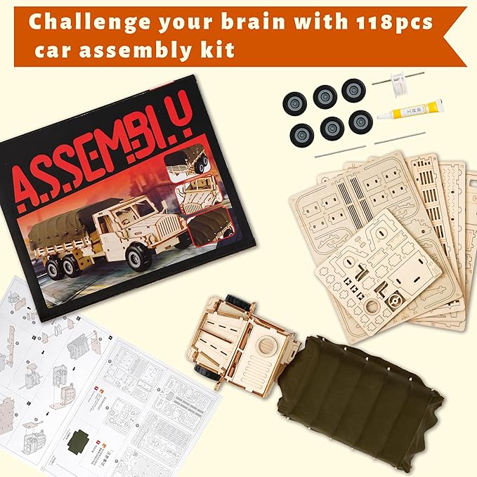 SIGHTEEDA Pull-Back Adventure Truck 3D Wooden Puzzle - 118 Pcs STEM Building Model Kit for Kids Ages 6-12 | All-Terrain Wheels & Removable Cover | Creative Gift for Kids & Teens