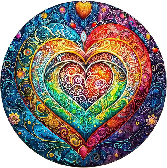 KAAYEE Wooden Puzzles for Adults, 3D Visual Effect Mandala Heart Wooden Jigsaw Puzzle Unique Shape Wood Puzzle Adult, 3D Effect Flat Puzzle Birthday Family Game (M-11.4 * 11.4 in-200pcs)