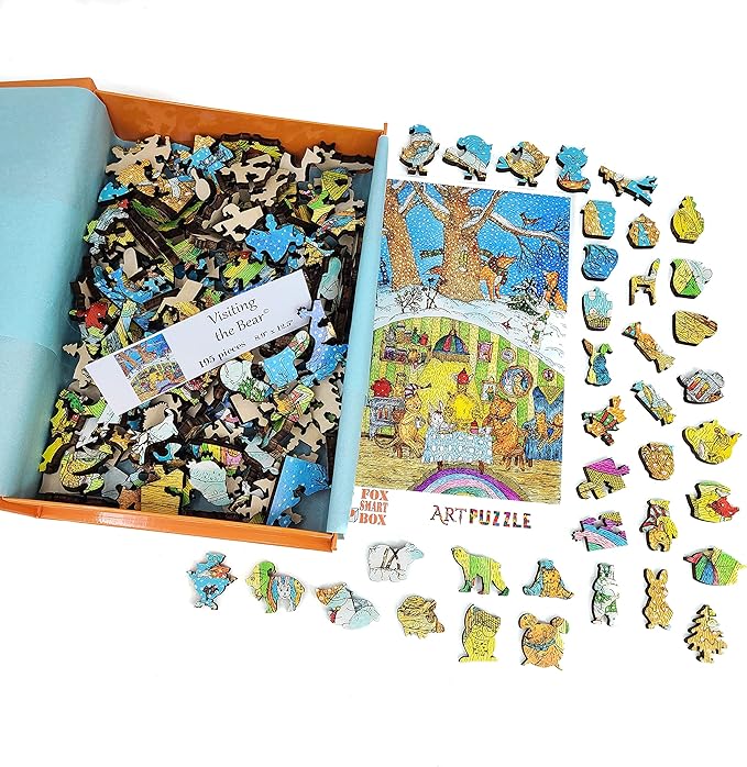 Wooden Jigsaw Puzzle for Adults - Uniquely Shaped Pieces - Made in The USA by FoxSmartBox - 195 Pieces - Visiting The Bear