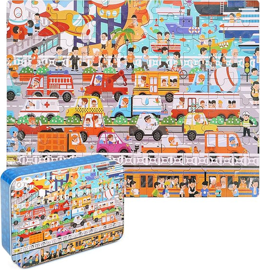 LELEMON Puzzles for Kids Ages 4-8,Communications 100 Piece Puzzles for Kids,Educational Kids Puzzles Ages 6-8 Jigsaw Puzzles in a Metal Box,Cool Puzzles Toys Puzzle Games for Girls and Boys