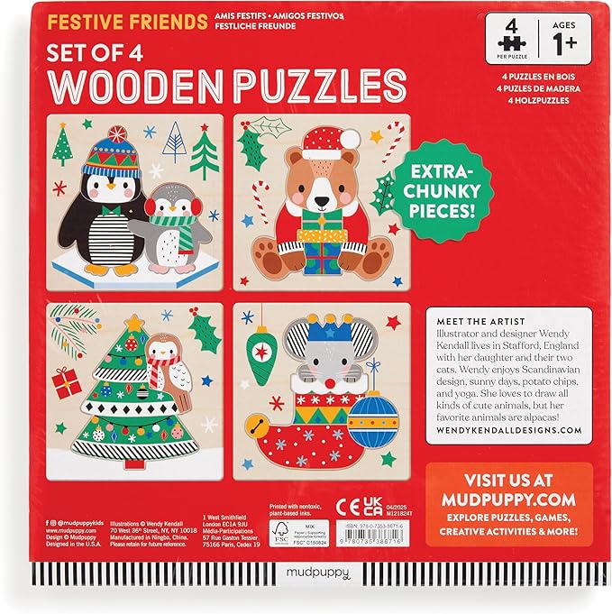 Mudpuppy Festive Friends – Set of 4 Wooden 4 Piece Puzzles Featuring A Colorful Christmas Scene with Adorable Characters Perfect for Toddlers