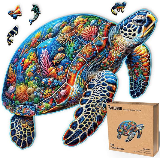 LEOGOR Wooden Jigsaw Puzzles for Adults 350 Pieces (21.1 × 13.7 in), Sea Turtle Puzzle, Extra-Thick 5mm Wood, Colorful Ocean Design, Unique Gift and Relaxing Challenge for Adults and Teens