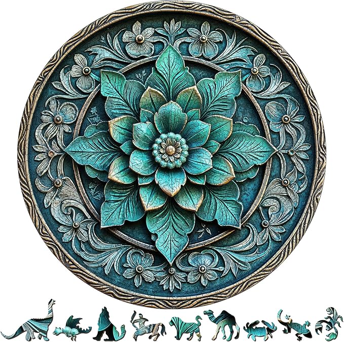Round Floral Wooden Puzzle - Exquisite Teal Floral Mandala Vintage Style Art Wood Jigsaw for Adults, 454pcs Unique Wood Animal Shaped Puzzle, Family Game Home Decor