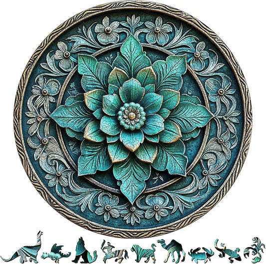 Round Floral Wooden Puzzle - Exquisite Teal Floral Mandala Vintage Style Art Wood Jigsaw for Adults, 454pcs Unique Wood Animal Shaped Puzzle, Family Game Home Decor