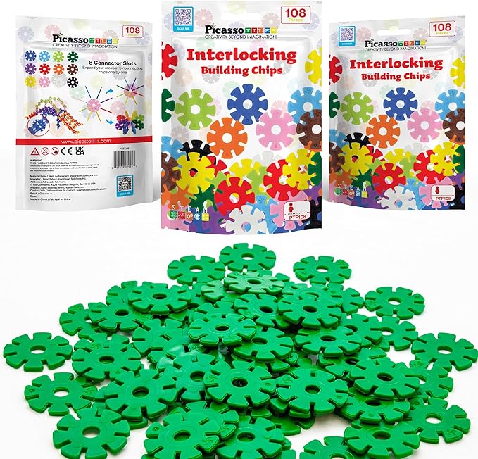PicassoTiles Building Chip Interlocking Disc Construction Blocks in Green Color STEM Learning Early Education Toy Engineering Playset Child Brain Development for Toddlers Girls Boys Kids Age 3+ PTF108