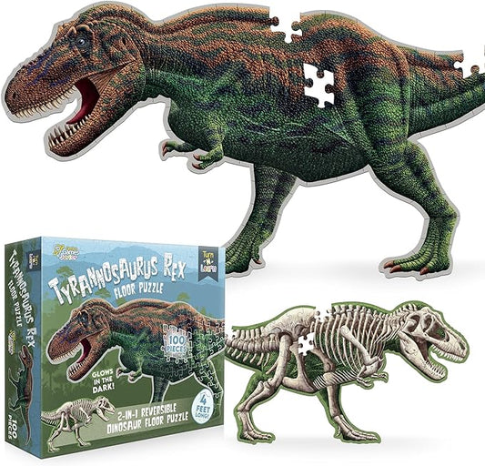Tyrannosaurus Rex Dinosaur Jigsaw Puzzle | 100-Piece Double Sided Floor Puzzle with Glow-in-The-Dark Skeleton On Other Side | 4 FT Scientifically Accurate Dino Illustration | Educational Toy for Kids