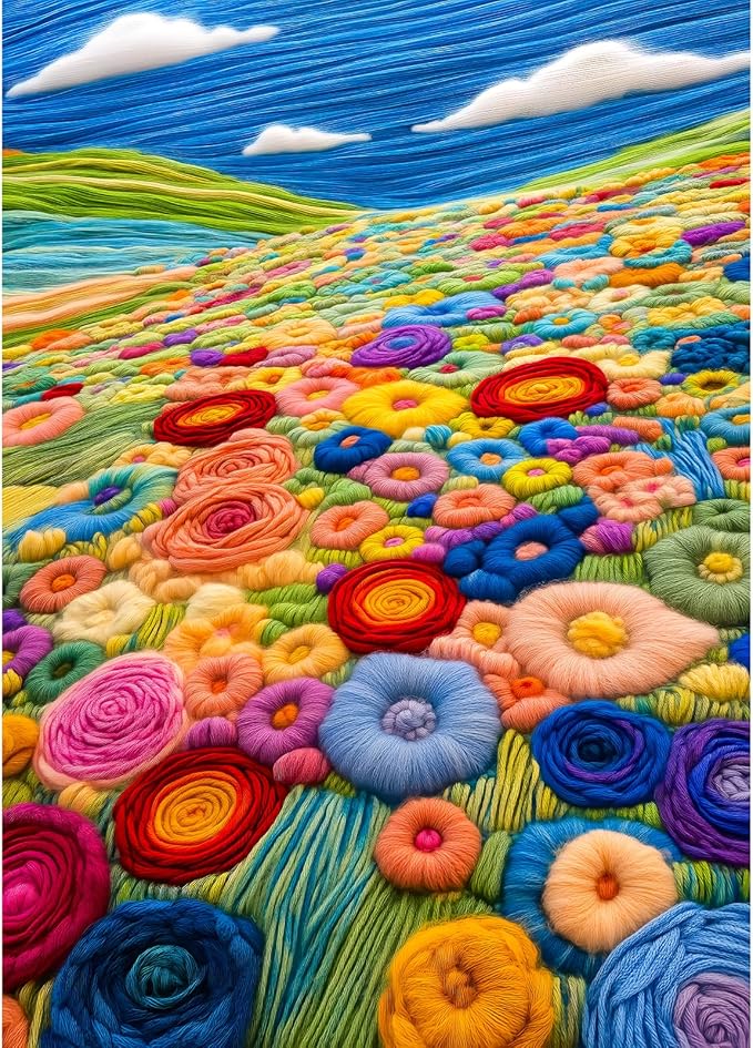 Bgraamiens-Felted Flower Grassland-Colorful Flowers on a Lush Grassland, Unique Flowers Art, Whimsical Wool Felted Wall Decoration