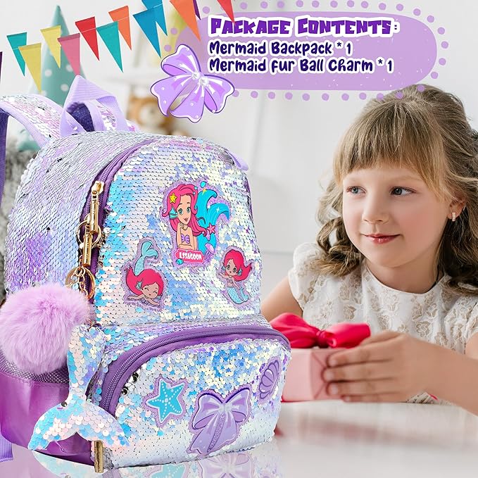 Mermaid Sparkly Sequin Backpack for little Girls Toddler,Cute Kids School Book Bag for Nursery Kindergarten Elementary,Back to School Easter Birthday Christmas Gifts for Girls