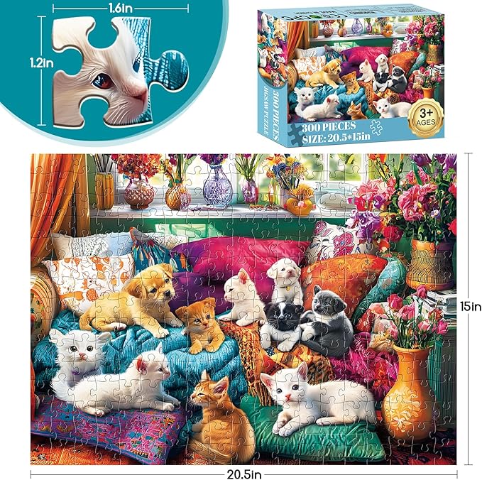 300 Piece Puzzles for Adults, Dogs Kittens on The Sofa at Play Puzzle for Adults Kids Seniors,Large Piece Puzzle for Kids Ages 8-10 10-12,Funny Sleepy Cats Puzzles Perfect for Game Nights,20.5x15 in