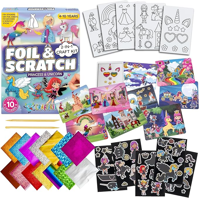 Craftikit ® Award-Winning Unicorn and Princess Foil Art & Rainbow Scratch Art for Kids- 2-in-1 Arts and Crafts Kit for Kids Ages 4-10 - Unicorn Crafts for Girls Ages 4, 5, 6, 7, 8, 9, 10
