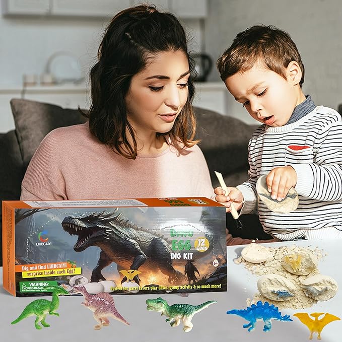 Dino Eggs Dig Kit 12Pcs Dinosaur Excavation Bricks Toys Archaeology Science STEM Experiments Toy Egg Hunt Party Gift for Kids 6-12 Years Old and Up Boys Girls