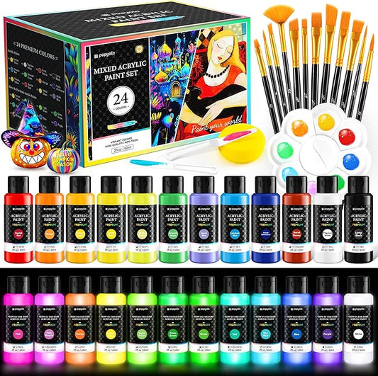 40 PCS Classic & Glow in the Dark Acrylic Paint Set with 12 Brushes, 2 Knives & Palette, 24 Colors Art Craft Paint for Beginners, Halloween Pumpkin Canvas Ceramic Rock Painting Kit