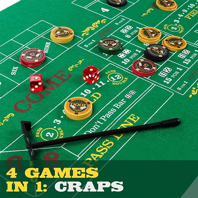 Brybelly Casino Night 4-in-1 Complete Game Set with Felts, Wheel, 100 Chips, Dice & Cards for Blackjack, Craps, Roulette & Texas Hold'em - Green Felt Double Sided Casino Tabletop Gaming Mat