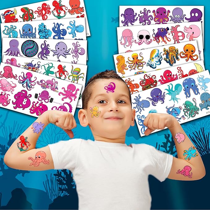 100 PCS Octopus Themed Birthday Party Favors Decorations Supplies Decor Octopus Ocean Under the Sea Animals Temporary Tattoos Stickers for Girls Boys Baby Shower Gifts Student School Prizes Rewards