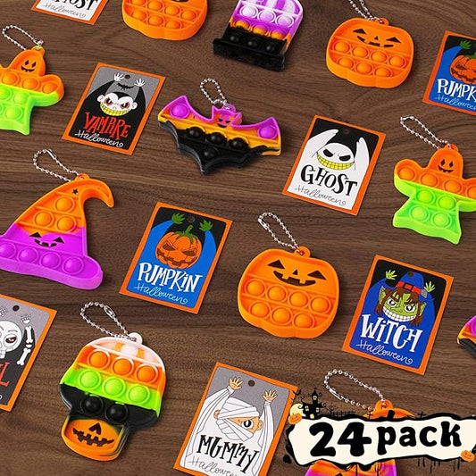Halloween Party Favors for Kids,24 Packs Mini Pop Fidget Toys with Novelty Cards, Bulk Trick or Treat Keychain for Toddler Teen Age 3-8,8-12,Halloween Goodie Bag Stuffers Classroom Prizes Sensory Toy