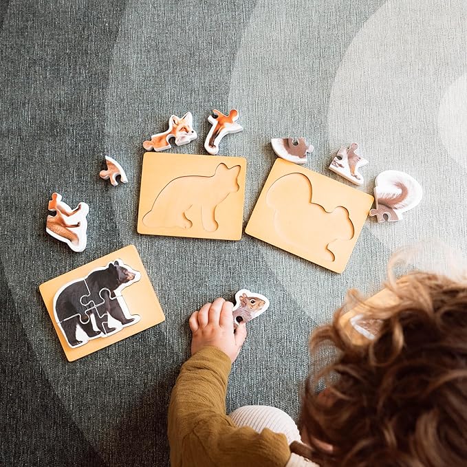 Wooden Montessori Animal Puzzles for Toddlers 2+ Years | Realistic Chunky Woodland Animal Shape Puzzle | Educational Learning Toy - Four-Piece Woodland Creature Puzzles
