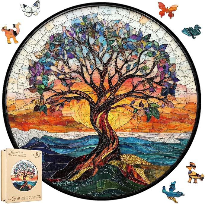 Wooden Puzzles for Adults 500 Pieces, Stained Glass Tree of Life Puzzle, Extra Thick 5MM Unique Shape Jigsaw Puzzles for Kids, Family Game, Birthday Gifts 16.5 * 16.5 Inches
