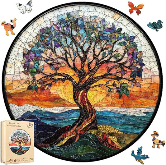 Wooden Puzzles for Adults 500 Pieces, Stained Glass Tree of Life Puzzle, Extra Thick 5MM Unique Shape Jigsaw Puzzles for Kids, Family Game, Birthday Gifts 16.5 * 16.5 Inches
