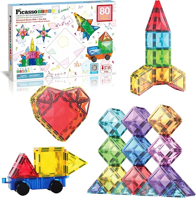 PicassoTiles 80 Pcs Magnetic Building Tiles Magnet Building Block Toys W/Car Diamond Educational Construction Playset Toy for STEM Sensory Gifts Kid Brain Development Stacking Blocks Construction Set