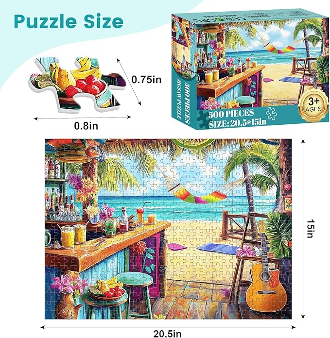 500 Piece Puzzle for Adults, Vacation Jigsaw Puzzle, Seaside Bar Puzzles 500 Pieces Birthday Party for Family Kids and Adults Funny Puzzle, Fun and Challenging Family Games 20.5×15 in