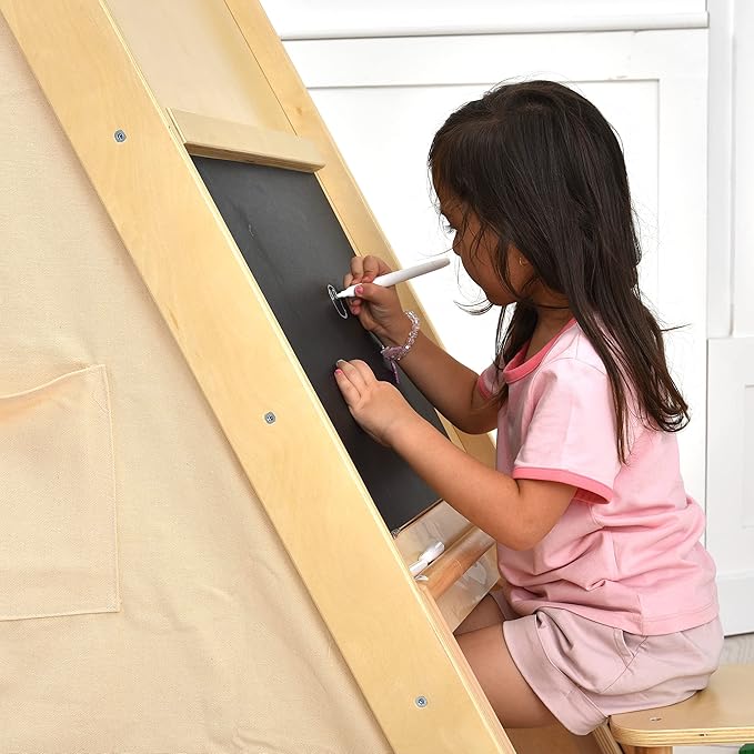 Avenlur Oak Foldable Triangle Climber 5 in 1 Kids Playhouse Hideaway Montessori Learning Play Tent, Desk, Chair Stool, Art Easel, Chalkboard, Teepee Climbing, Crawling Tunnel Toy Toddler Playset
