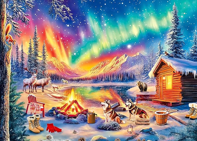 300 Piece Puzzles for Adults - Large Piece Jigsaw Puzzles for Seniors - Campfire Under The Northern Lights