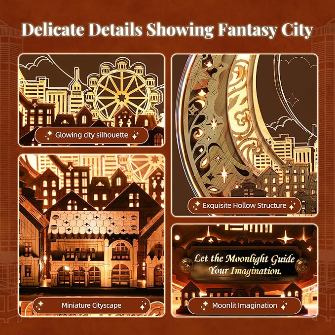 3D DIY Puzzle Moon City Model - LED 3D Wood Puzzle - 3D Wooden Puzzles for Adults Home Décor Gifts for Kids and Adults, White