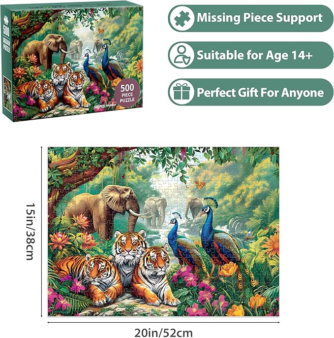 Jigsaw Puzzles for Adults 500 Pieces Puzzle Elephant Tiger Puzzle for Adults Children Elderly Puzzles Peacock Animal Puzzle 500, Home Decor Gift Family Game for Men Women Elders Seniors (20.5"x15")