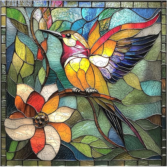 Wooden Puzzle for Adults, Stained Glass Hummingbird Puzzle, Unique Animal Shape Puzzles, Bird Jigsaw Puzzles for Adults, Christmas for Family Friend(11.1 * 11.2 in-200pcs)