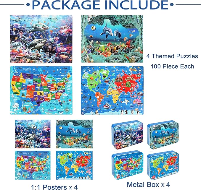 LELEMON 100 Pieces Puzzles for Kids Ages 4-8, 4 Set Kids Puzzle Ages 6-8,United States World Shark Dolphin Children Learning Educational Puzzless Toys for Boys and Girls