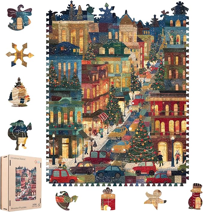 Puzzles for Adults Christmas Eve Street Wooden Jigsaw Puzzle, 200 Pcs Irregular Shaped Beautiful Pieces, Birthday for Parents and Kids, Fun Challenge Family Game 8.9'' x 11.6''