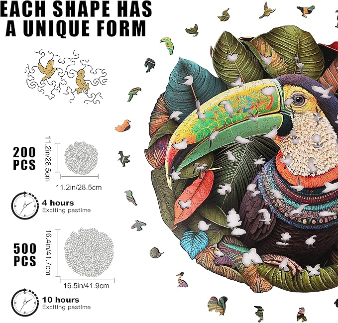 Mys Aurora Wooden Puzzles, Mandala Parrot 200 Piece Jigsaw Puzzles, Unique Shaped Wooden Jigsaw Puzzles for Adults and Kids, Family Game 11.2 x 11.2 Inch
