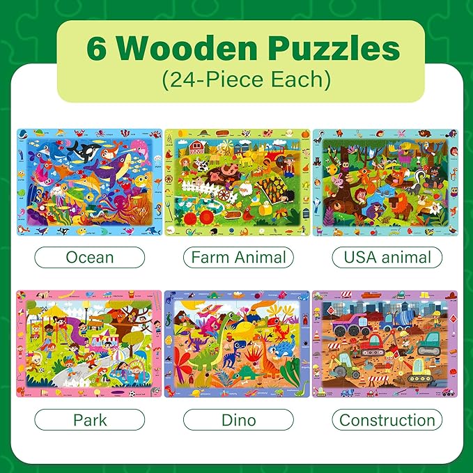 BenBen Large Wooden Puzzles for Kids Ages 4-6, 6 Pack 24 Piece Search and Find Puzzles for Toddlers 3-5, Educational Learning Toys Gifts for 3 4 5 Year Old Boys Girls