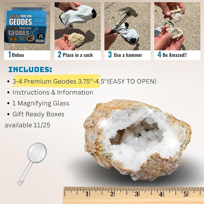 Break Your Own Geode Kit – 3 to 4 Natural Geodes 3.75 to 4.5 Inch Premium Crack-Open Experience + Tools + Geologist Guide – Less Effort for Easy Reveal – STEM Activity + Collectable Gems - X-Large