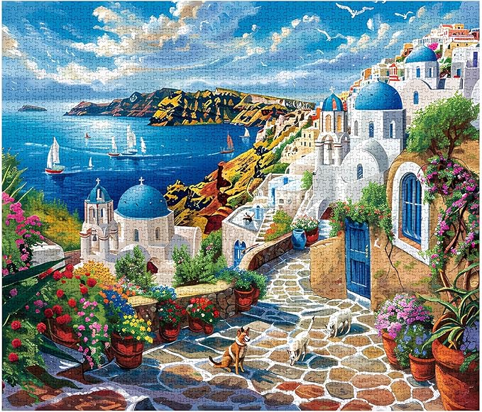 Jigsaw Puzzles 1000 Pieces for Adults-Greek Islands Hardboard Puzzle-Challenging Puzzle Perfect for Game Nights-DIY Home Wall Decor-Art Puzzles-Santorini White Buildings Sun Rays Art 27" x 20"