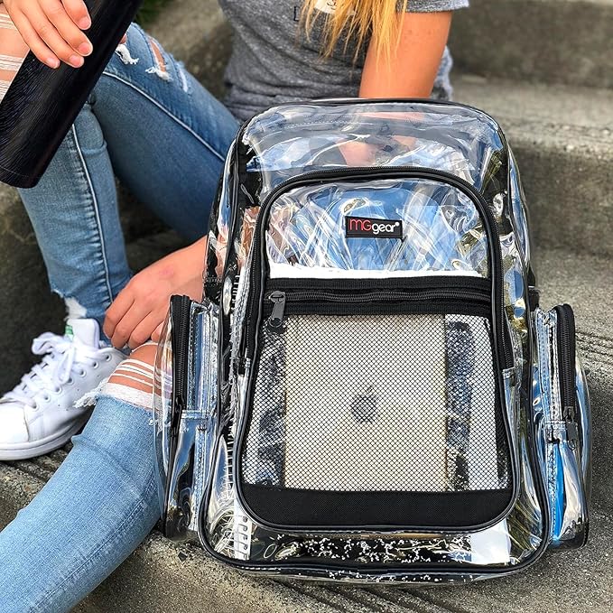 Wholesale 20-Pack Bulk Case Clear PVC Backpacks Bundle includes Black, Orange, Purple, and Green Trim, 17" Transparent School Approved Backpack, Daypack, Stadium Bag, Bookbag