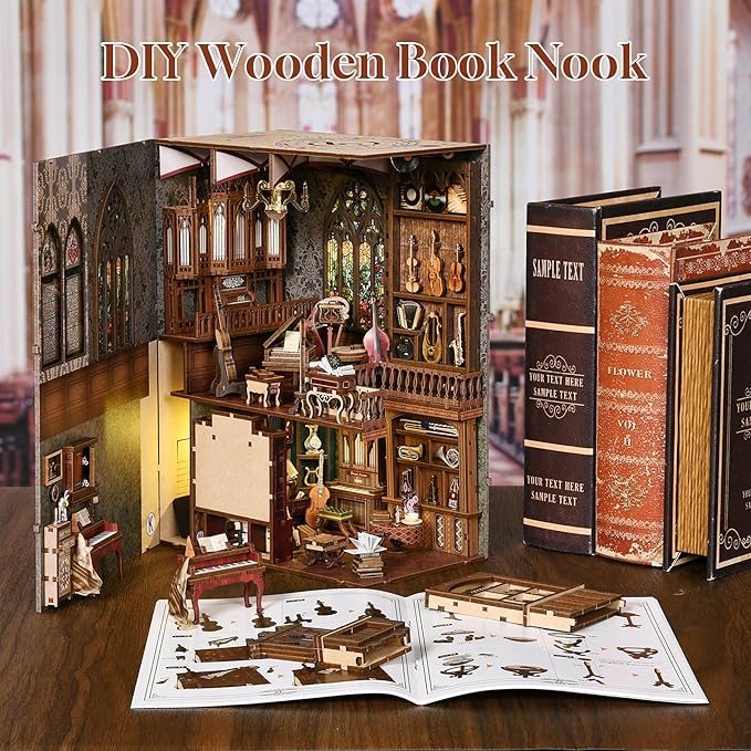 Timeless Melody Book Nook Kit, DIY Miniature Dollhouse Booknook Kit Music, 3D Wooden Puzzle Bookend Bookshelf Insert Decor with LED Light, Mini House Kit for Teens and Adults