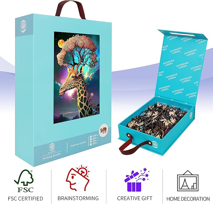 Wooden Jigsaw Puzzle for Adults and Kids Unique Shape Wood Colorful Beautiful Box Fun Challenge Brain Health Family Game Creative Gift for Friends Rompecabezas Madera(Giraffe 200pcs)
