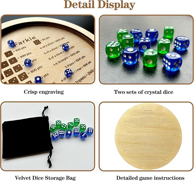 Farkle Dice Tray, Farkle Classic Dice Game with Tray and 2 Sets of 6 Pearl Dice, 12" Wooden Dice Tray for The Classic Family Game